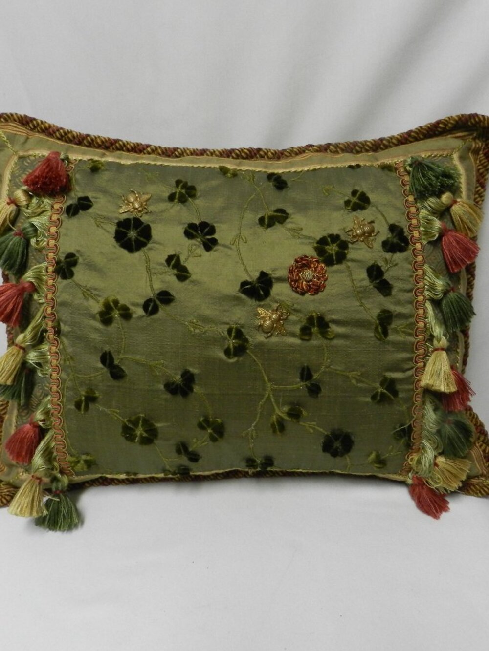 Sweet Dreams Bumblebee Embroidered Silk Velvet pillow Tassels Bee green 19 x 15